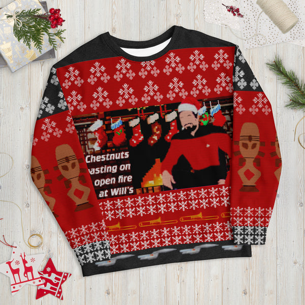 Chestnuts Roasting on an Open Fire Will's - Faux Ugly Christmas Sweater (Printed Sweatshirt)