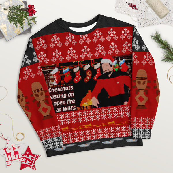 Chestnuts Roasting on an Open Fire Will's - Faux Ugly Christmas Sweater (Printed Sweatshirt)