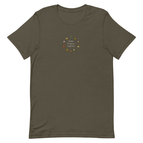 Life Begins at Confection - Embroidered Short-Sleeve Unisex T-Shirt