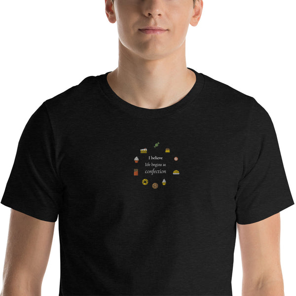 Life Begins at Confection - Embroidered Short-Sleeve Unisex T-Shirt