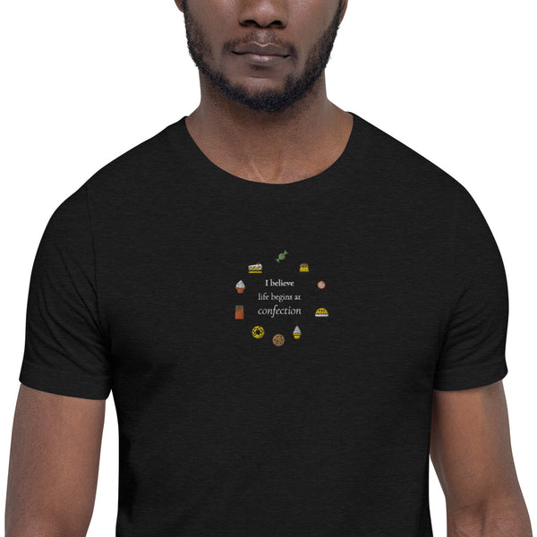 Life Begins at Confection - Embroidered Short-Sleeve Unisex T-Shirt