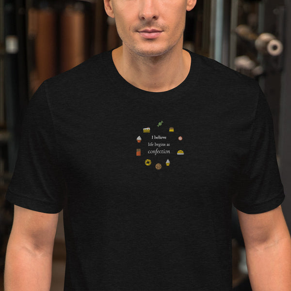 Life Begins at Confection - Embroidered Short-Sleeve Unisex T-Shirt