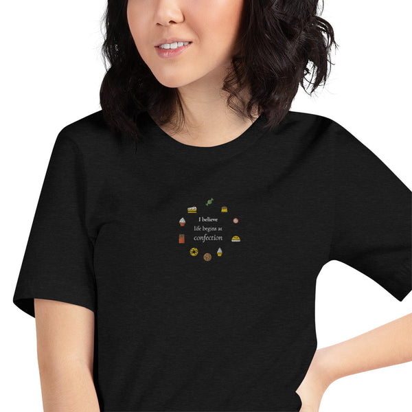 Life Begins at Confection - Embroidered Short-Sleeve Unisex T-Shirt