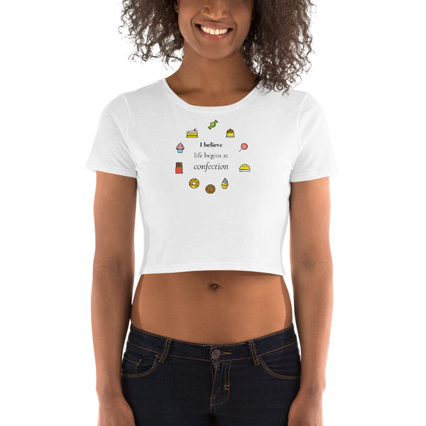 Life Begins at Confection - Women’s Printed Crop Tee