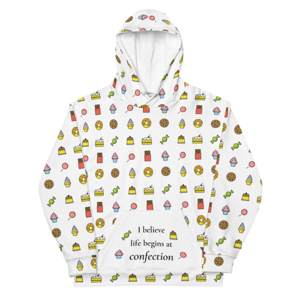 Life Begins at Confection - White Unisex Hoodie