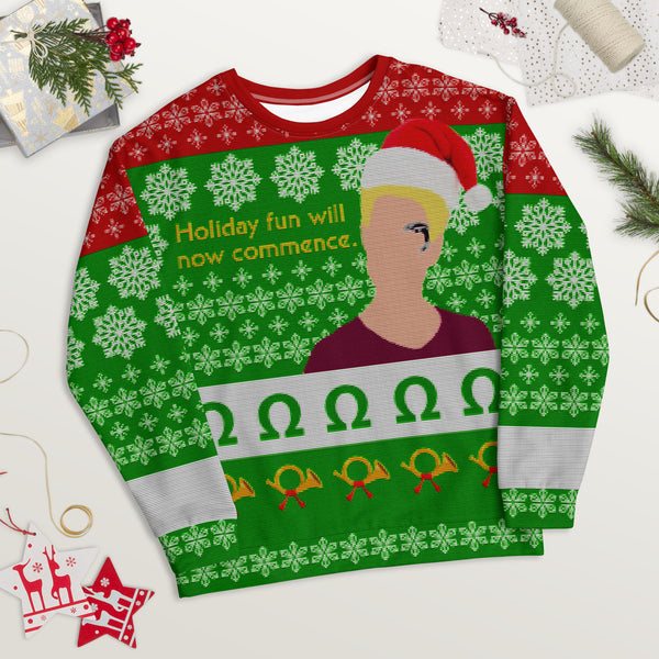 Holiday Fun Will Now Commence - Faux Ugly Christmas Sweater (Printed Sweatshirt)