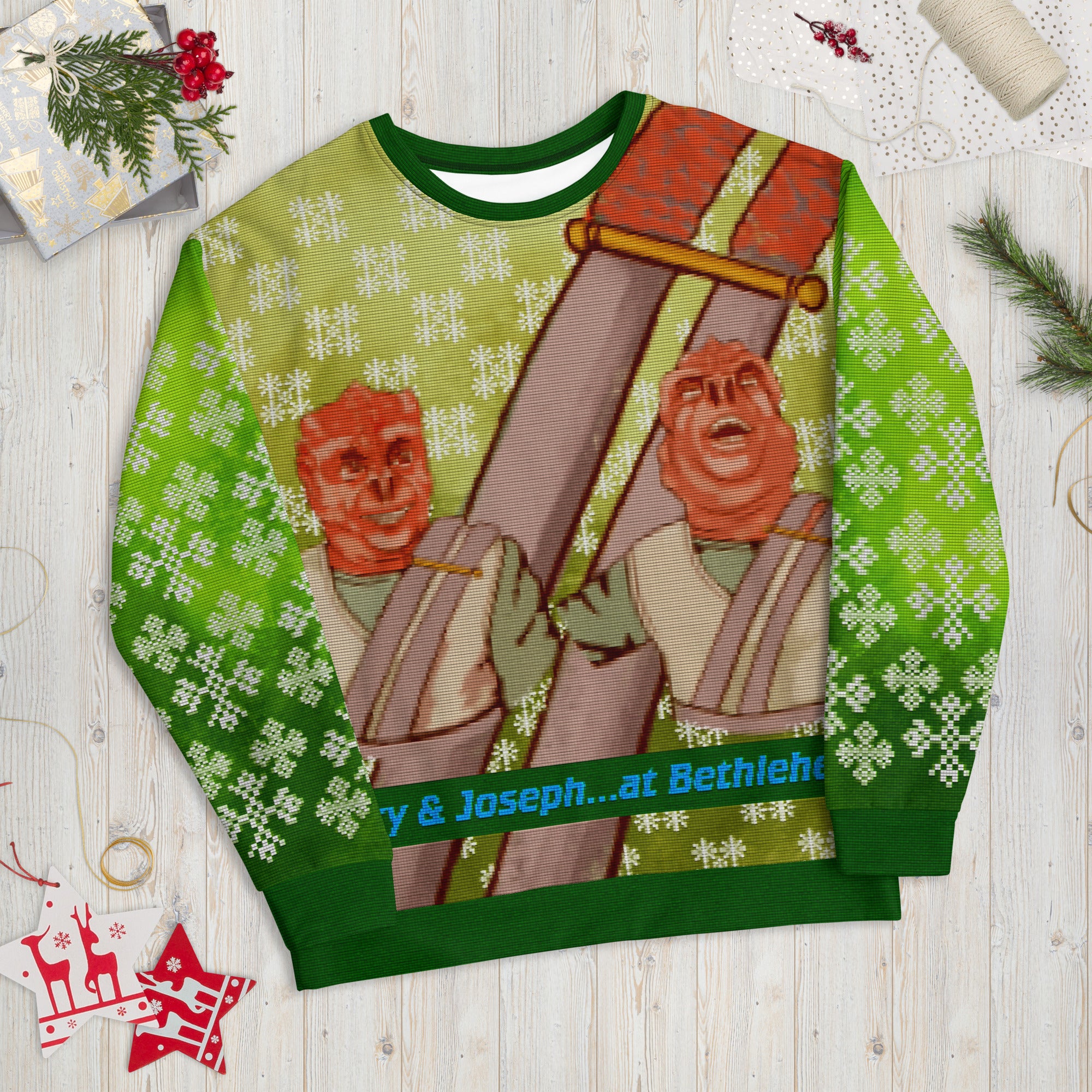 Mary & Joseph at Bethlehem - Faux Ugly Christmas Sweater (Printed Sweatshirt)
