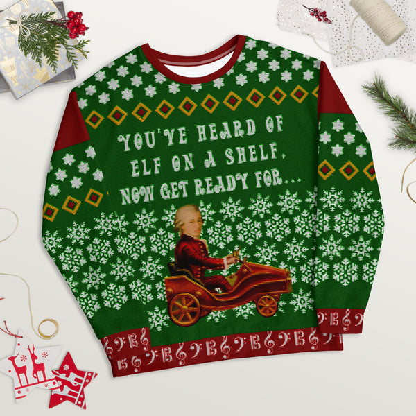 Mozart on a GoKart - Faux Ugly Christmas Sweater (Printed Sweatshirt)
