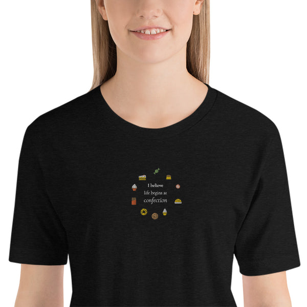 Life Begins at Confection - Embroidered Short-Sleeve Unisex T-Shirt